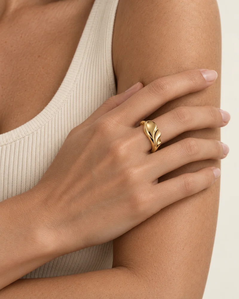Estuary Fold Ring design shown on a model, wearing view 1