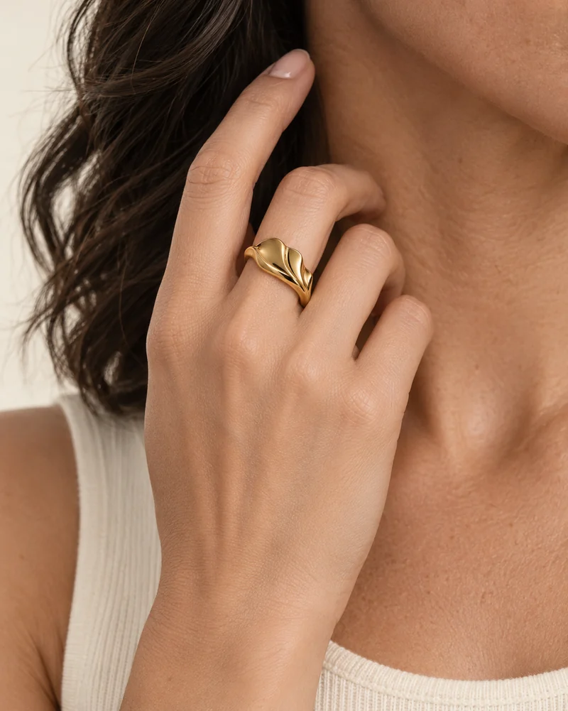 Estuary Fold Ring design shown on a model, wearing view 2