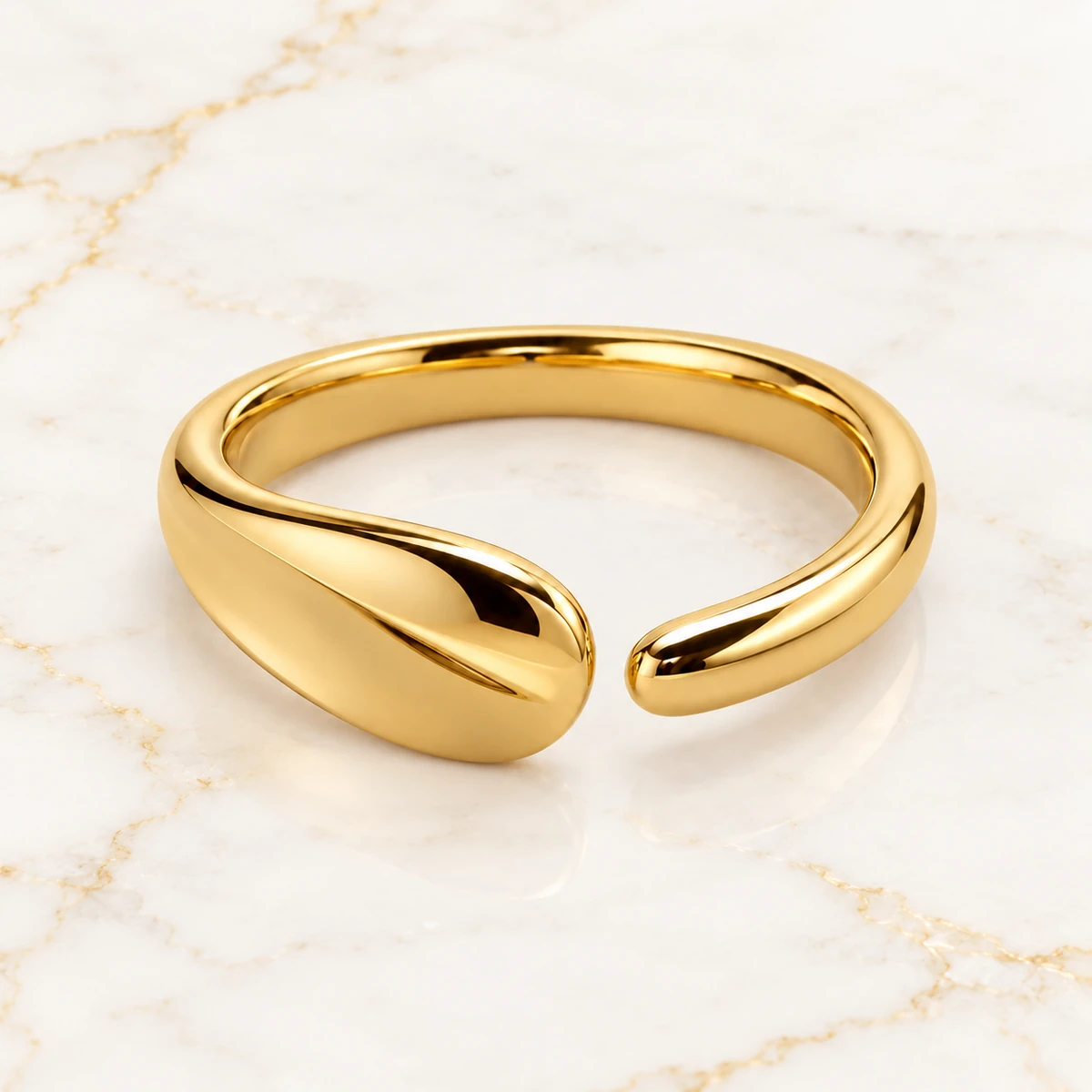 Offset Wrap Ring design preview with unequal rounded gold ribbon ends and an offset opening
