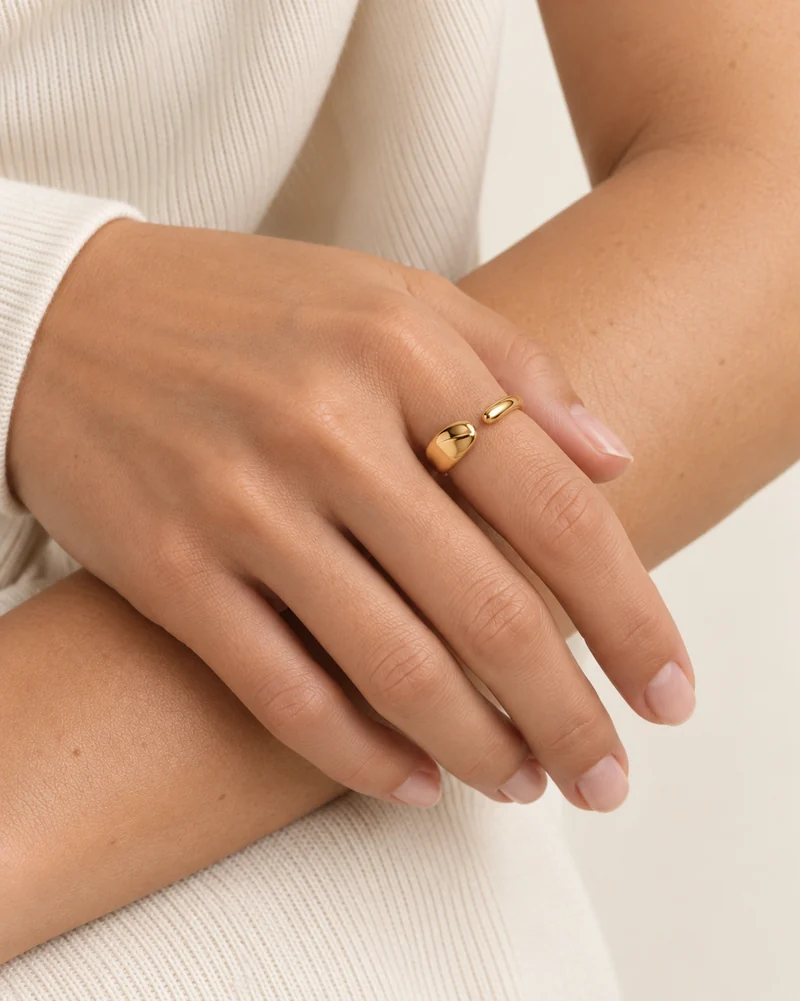 Offset Wrap Ring design shown on a model, wearing view 1