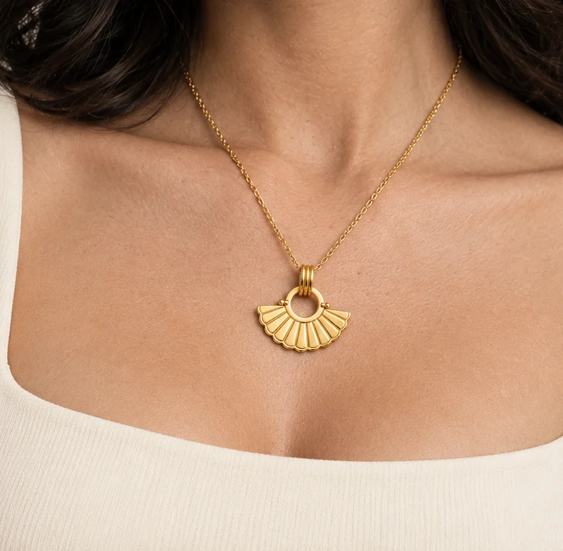 Pivot Tile Pendant design shown on a model, wearing view 1